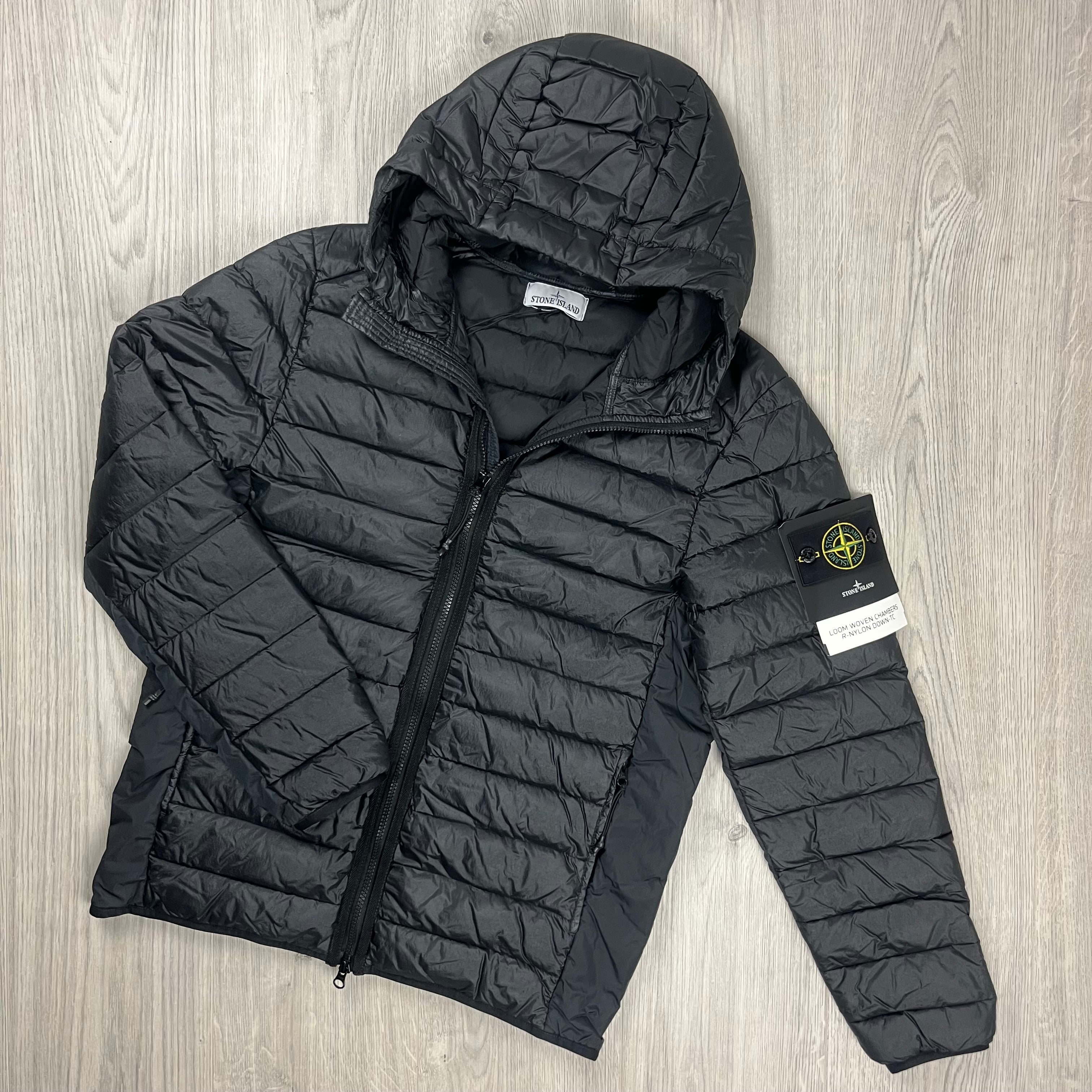 Stone Island Loom Woven Down Jacket in Black. On sale at Open Attire.