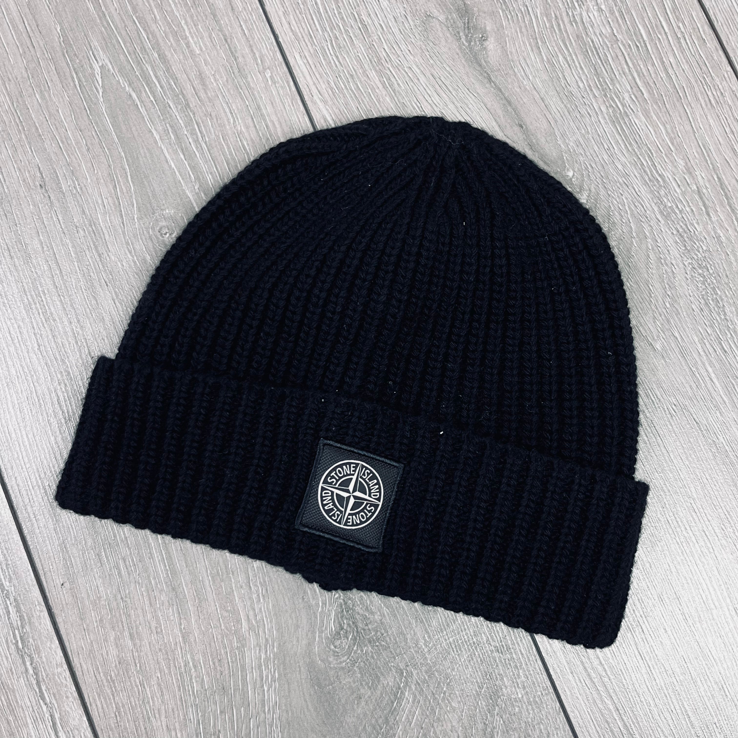 Stone Island wool beanie in Black. On sale at Open Attire.